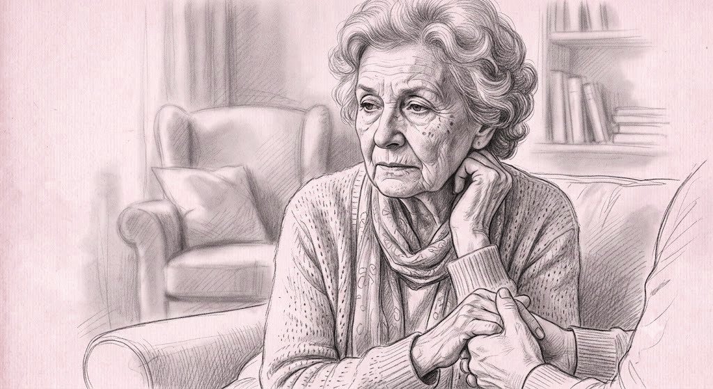 Sketch of a woman experiencing memory loss, comforted by a caregiver's hands
